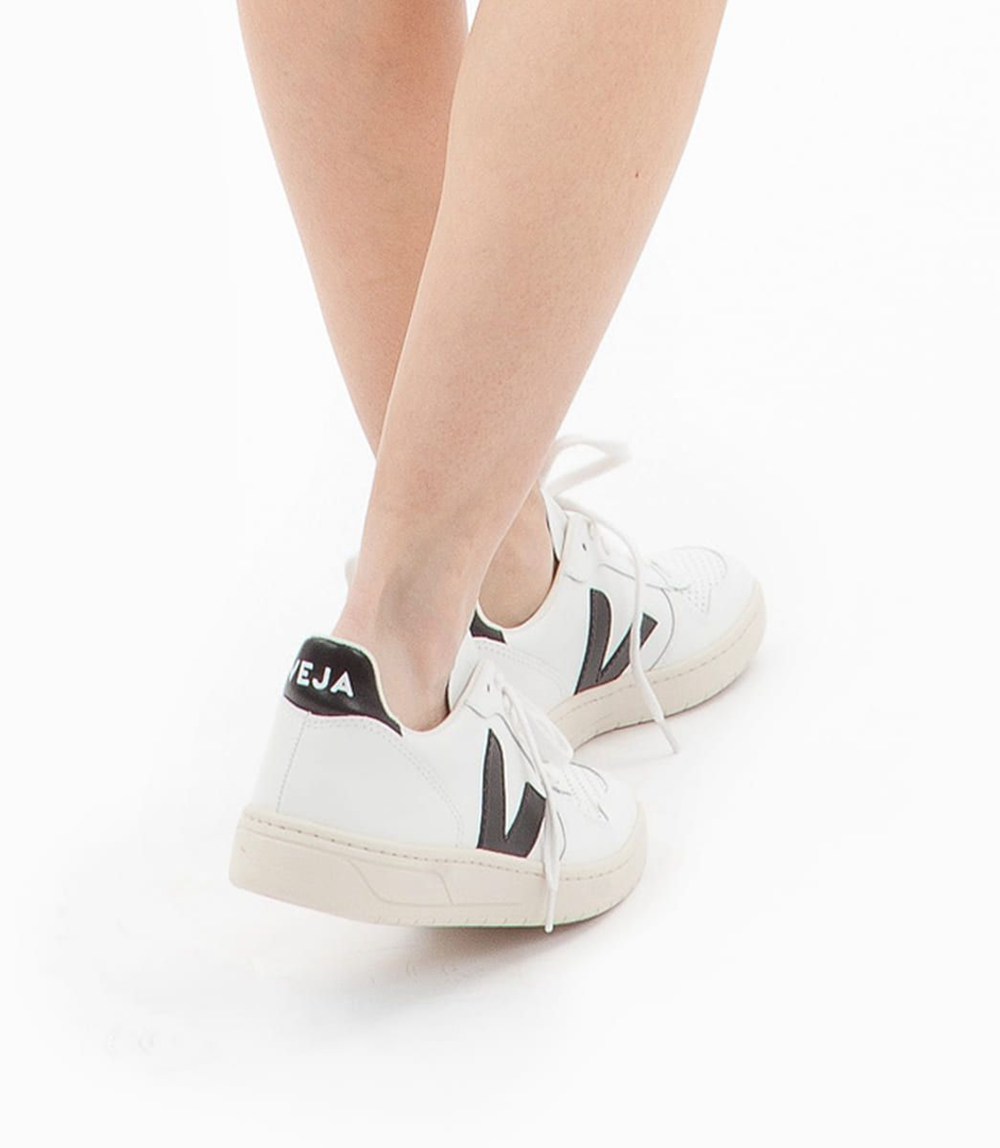 Veja Trainers Mens White/Black - V-10 Leather - EJSQ-85671